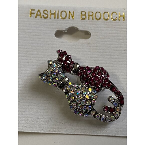 Two Kitty Cats Fashion Brooch Pin With Pink & AB Crystals Sliver Plated - Picture 4 of 5